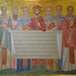El emperador Constantino con padres del Concilio I de Nicea, en un icono bizantino de la iglesia del Santísimo Salvador, en Cosenza (Italia) (CC Asia)